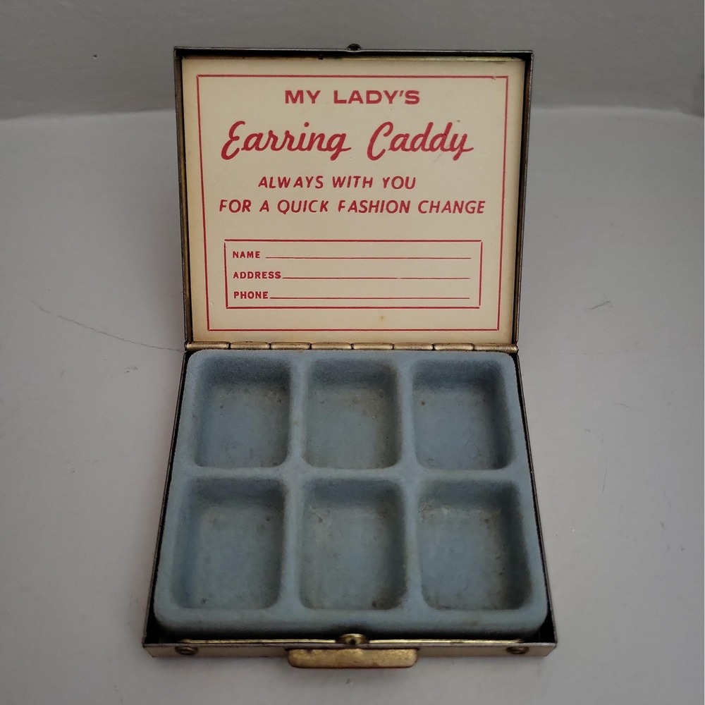 Vintage My Lady's Earring Caddy Gold Tone Travel Jewelry Box 6 Compartments